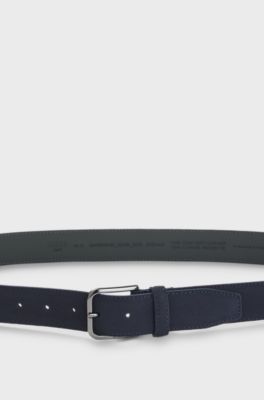 Leather business belt with polished gunmetal buckle, Dark Blue