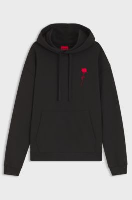 Relaxed-fit hoodie in cotton terry with rose logo, Black