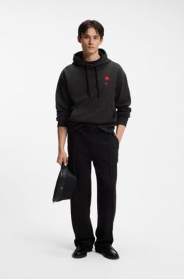 Relaxed-fit hoodie in cotton terry with rose logo, Black
