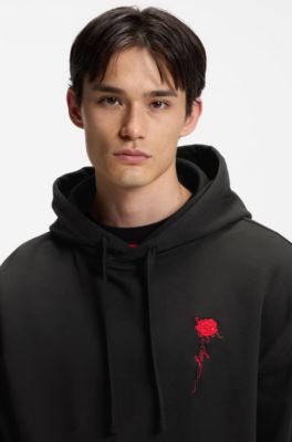 Relaxed-fit hoodie in cotton terry with rose logo, Black