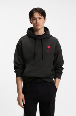 Relaxed-fit hoodie in cotton terry with rose logo, Black
