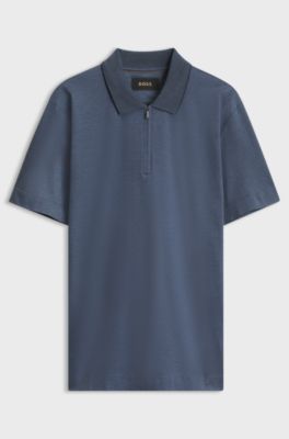 Zip-neck cotton polo shirt, Blue