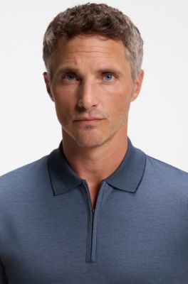 Zip-neck cotton polo shirt, Blue