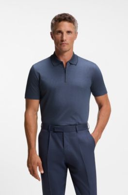 Zip-neck cotton polo shirt, Blue