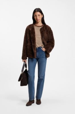 Relaxed-fit coat in teddy fabric, Brown
