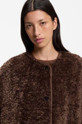 Relaxed-fit coat in teddy fabric, Brown