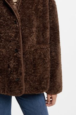 Relaxed-fit coat in teddy fabric, Brown