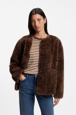 Relaxed-fit coat in teddy fabric, Brown