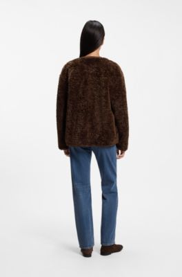 Relaxed-fit coat in teddy fabric, Brown