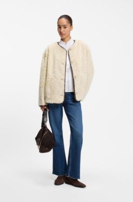 Relaxed-fit coat in teddy fabric, Light Beige