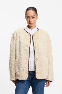 Relaxed-fit coat in teddy fabric, Light Beige