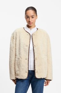 Relaxed-fit coat in teddy fabric, Light Beige