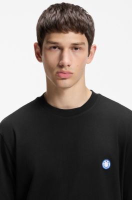 Cotton-jersey T-shirt with Happy HUGO logo, Black