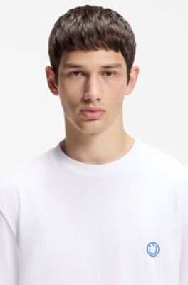 コットンジャージー Tシャツ Happy HUGOロゴ, ホワイト