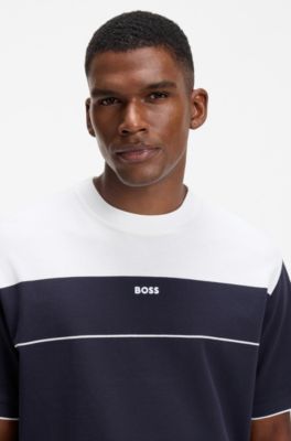 Cotton-piqu&eacute; T-shirt, White / Dark Blue