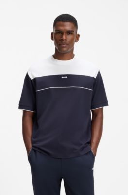 Cotton-piqu&eacute; T-shirt, White / Dark Blue
