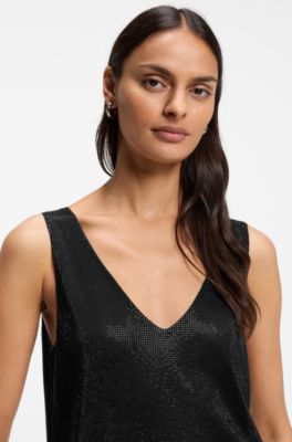 Knitted V-neck top with rhinestone details, Black