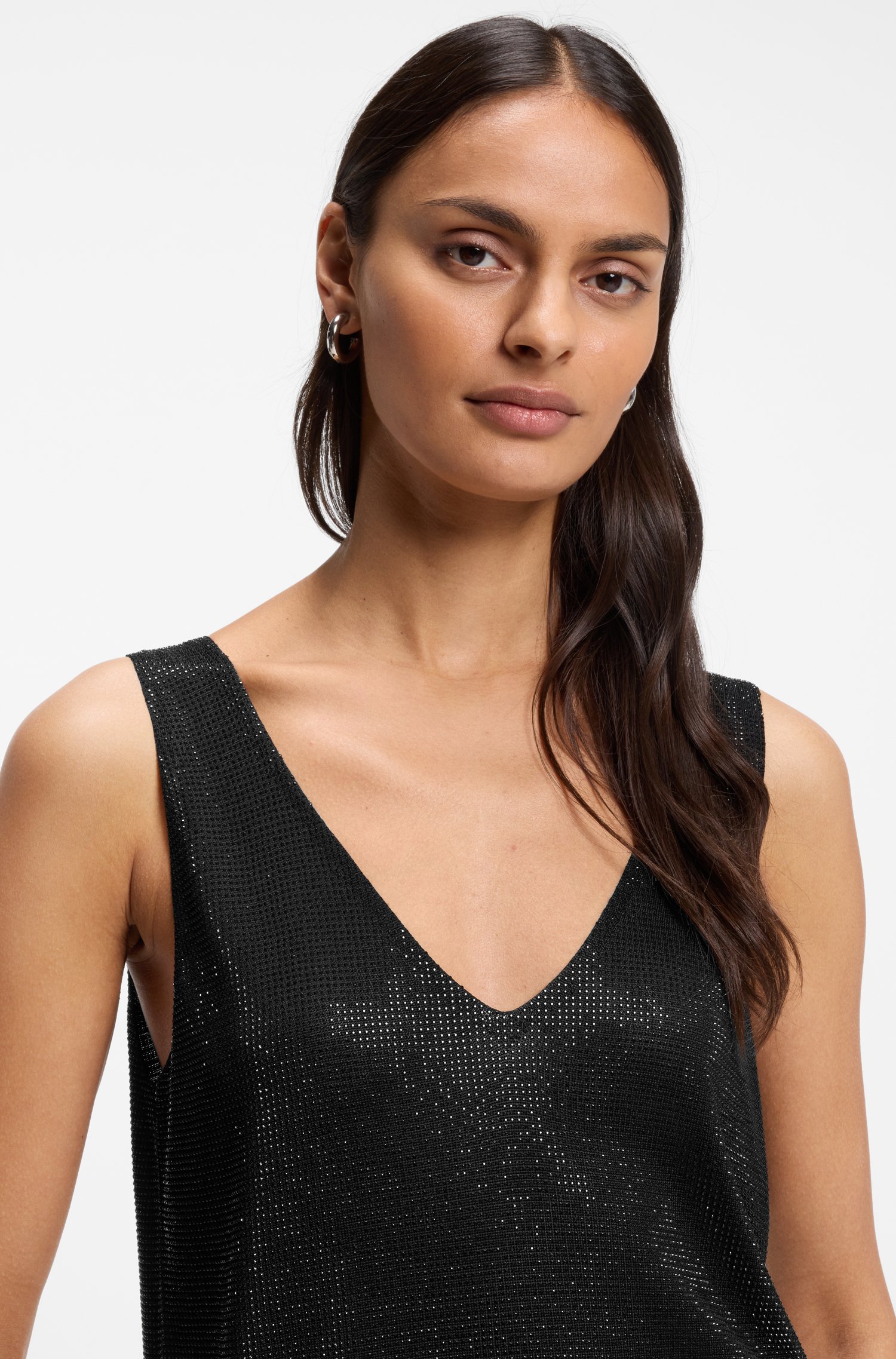 Boss Knitted V-neck top with rhinestone details toppar & linnen dam – bild 3