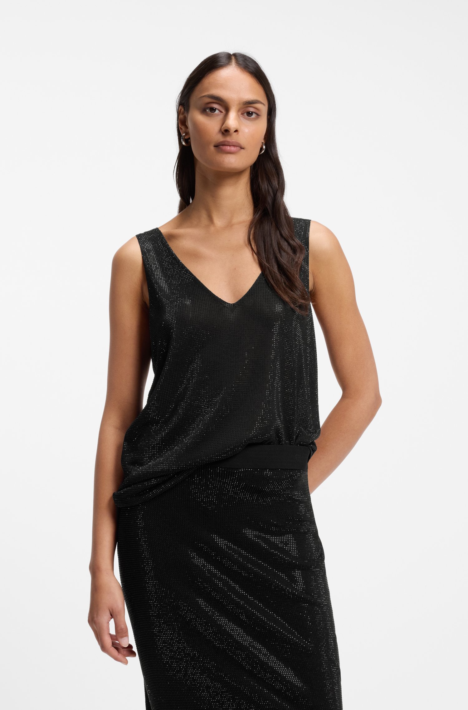 Boss Knitted V-neck top with rhinestone details toppar & linnen dam