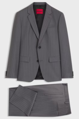 Two-piece slim-fit suit in virgin wool, Grey Stripes