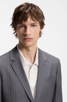 Two-piece slim-fit suit in virgin wool, Grey Stripes