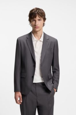 Two-piece slim-fit suit in virgin wool, Grey Stripes