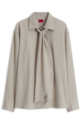 Relaxed-fit pinstripe blouse with detachable scarf, Beige Patterned