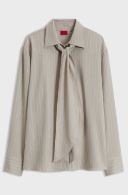 Relaxed-fit pinstripe blouse with detachable scarf, Beige Patterned