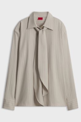 Relaxed-fit pinstripe blouse with detachable scarf, Beige Patterned