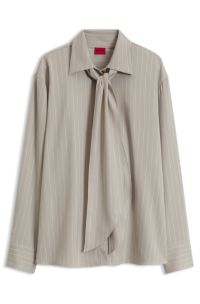 Relaxed-fit pinstripe blouse with detachable scarf, Beige Patterned