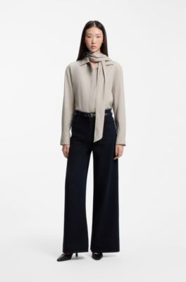 Relaxed-fit pinstripe blouse with detachable scarf, Beige Patterned