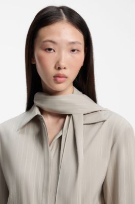 Relaxed-fit pinstripe blouse with detachable scarf, Beige Patterned