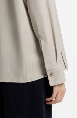 Relaxed-fit pinstripe blouse with detachable scarf, Beige Patterned