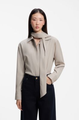Relaxed-fit pinstripe blouse with detachable scarf, Beige Patterned