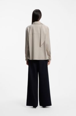 Relaxed-fit pinstripe blouse with detachable scarf, Beige Patterned