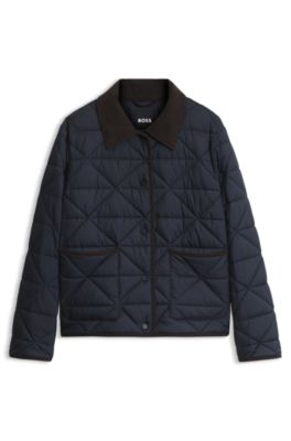 Diamond-quilted jacket with corduroy details, Dark Blue