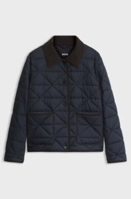 Diamond-quilted jacket with corduroy details, Dark Blue