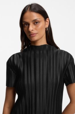 Slim-fit dress in textured pliss&eacute; jersey, Black