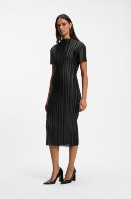 Slim-fit dress in textured pliss&eacute; jersey, Black