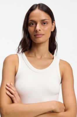 Stretch-cotton ribbed top with Double B logo, Natural