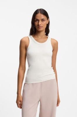 Stretch-cotton ribbed top with Double B logo, Natural