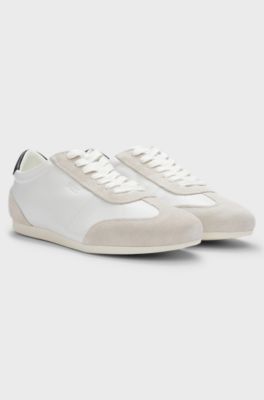 Low-top trainers in leather and suede, Natural