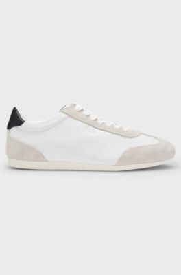Low-top trainers in leather and suede, Natural