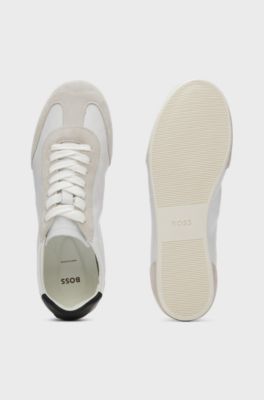 Low-top trainers in leather and suede, Natural