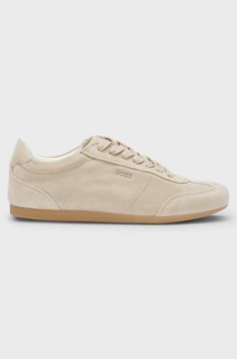 Suede trainers with logo details, Light Beige