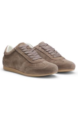 Suede trainers with logo details, Dark Brown