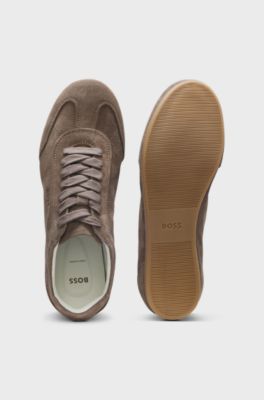 Sneakers in pelle scamosciata con dettagli con logo, Marrone scuro