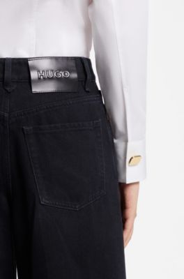Wide-leg cotton-blend jeans with high waist, Dark Blue