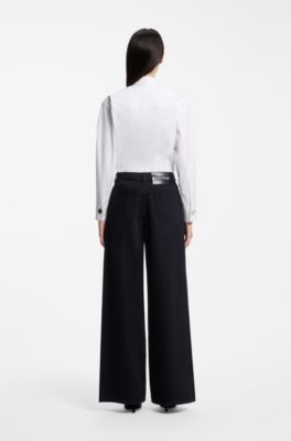 Wide-leg cotton-blend jeans with high waist, Dark Blue