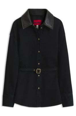 Relaxed-fit denim jacket with leather collar, Dark Blue